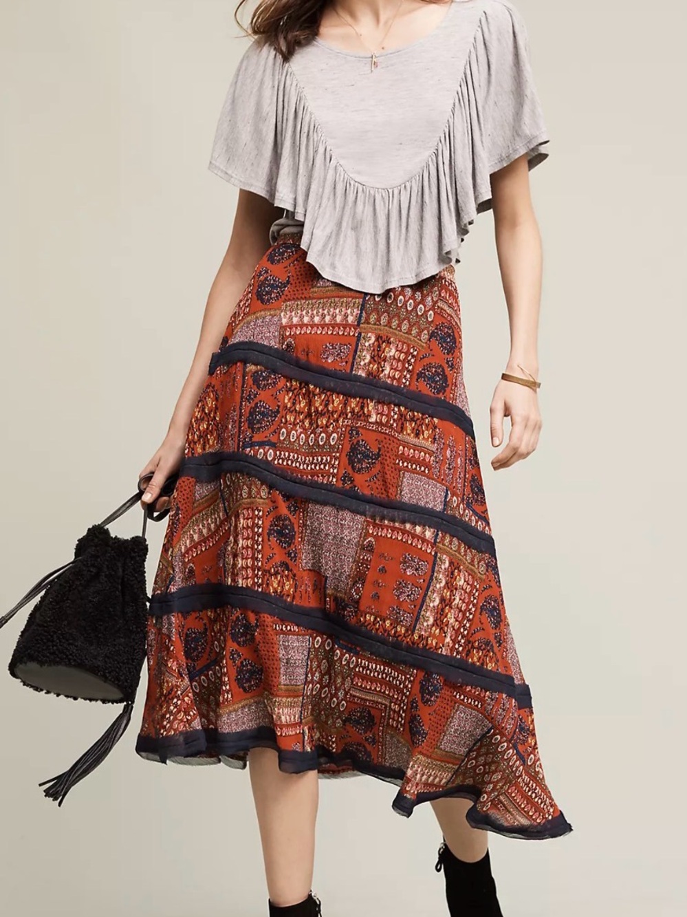 Anthropologie Eva Franco Rust Patchwork Tiered Midi Skirt